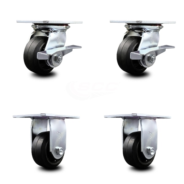 4 Inch Rubber on Steel Caster Set with Ball Bearing 2 Brakes and 2 Rigid SCC